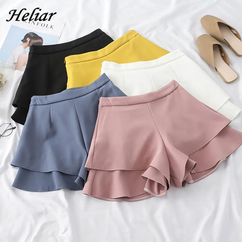 

HELIAR Shorts Women A-line Flounce Hem Elegant Ruffles Wide Leg Elastic Waist Loose Casual Shorts 2020 Summer Shorts Women