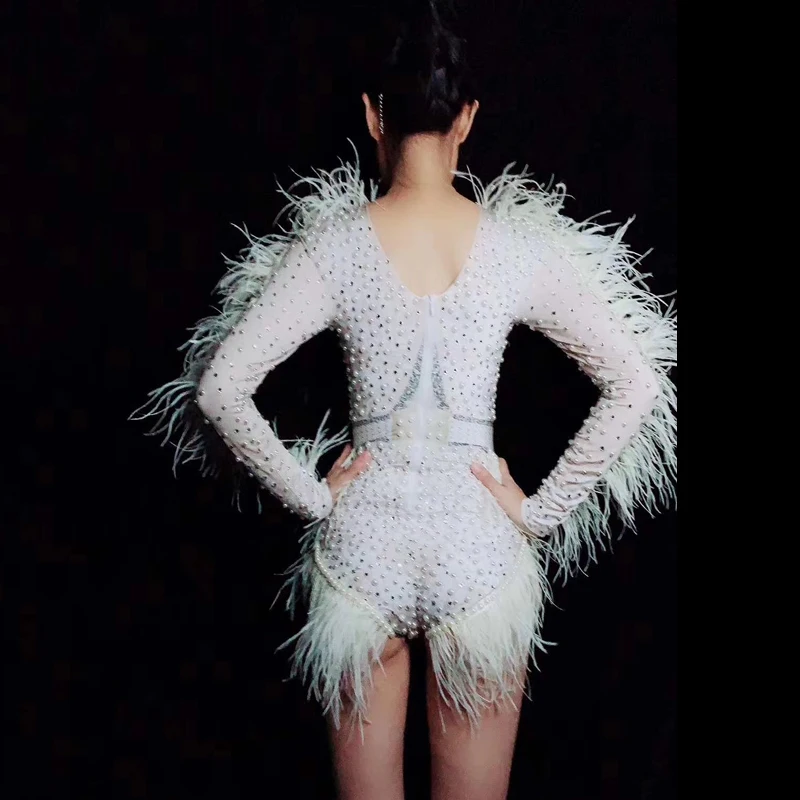 

DJ Costumes Sexy Bodysuit Long Sleeve White Feather Jumpsuit Outfit Nightclub Bar Outfit Women Singer Sexy Stage Costume DJ533