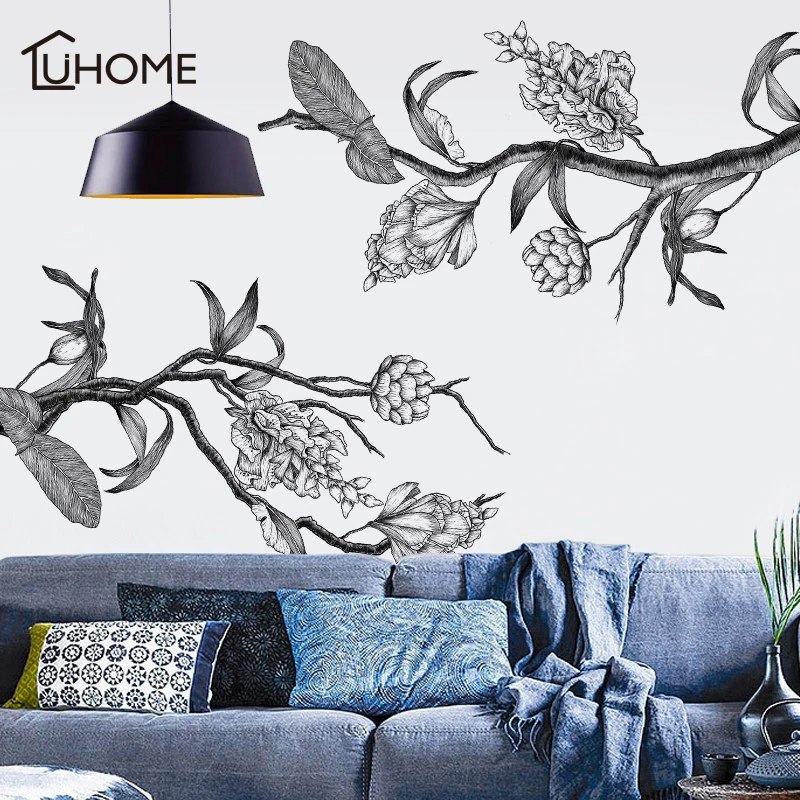 

Vintage Sketch Black White Flower Wall Sticker Home Decor Poster Flora Living Room TV Background Wall Beautiful Decoration