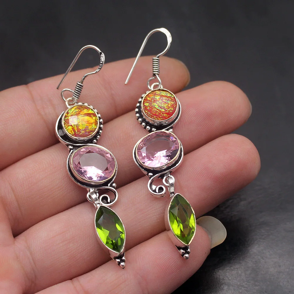 925 Sterling Silver Multi Gems Dichroic Glass Peridot Fashion Jewelry Dangle Women Earrings AK46 | Украшения и аксессуары