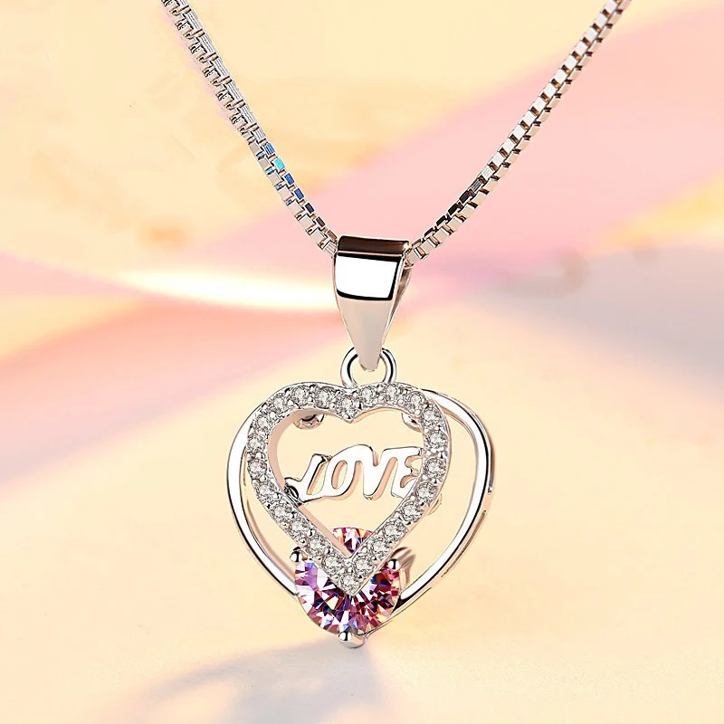

Luxury 925 Sterling Silver Choker Jewelry Ladies Charm Dress Chain Love Heart Crystal Pendant Necklace Women Gift collares