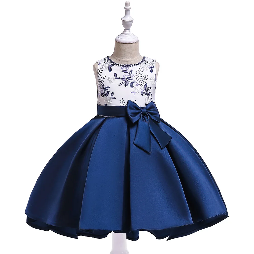 navy blue Розничная ; дизайн; летнее платье с бантом для девочек; праздничное платье для девочек на День рождения; платье подружки невесты с вышивкой и шлейфом; T5087 - Цвет: navy blue