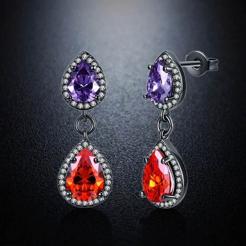 Женские серьги с двойными каплями блестящие черным золотом фиолетовым и красным