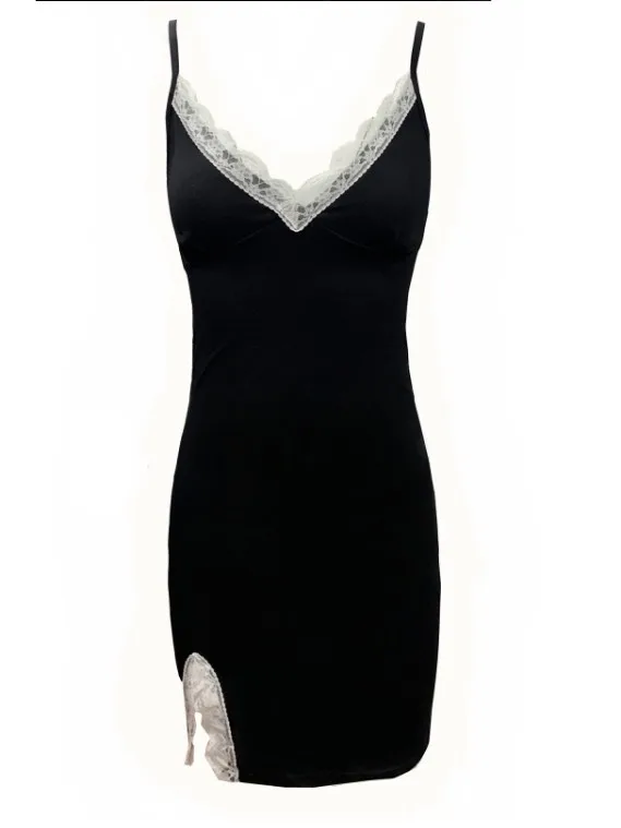 Женское кружевное платье с v образным вырезом черное облегающее Клубное на