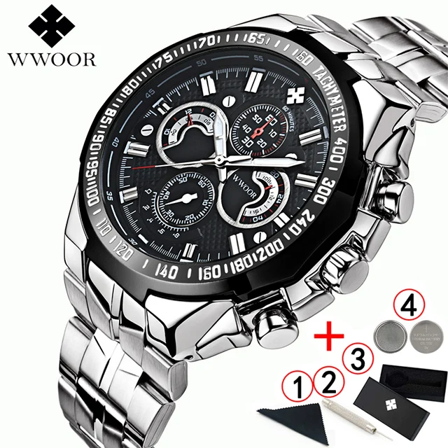 silver black box Мужские часы, мужские часы от ведущего бренда, роскошные часы WWOOR из нержавеющей стали, мужские военные наручные часы с большим циферблатом для мужчин s - Цвет: silver black box