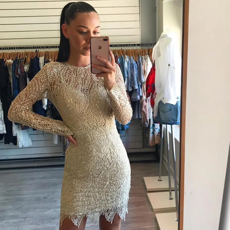 INDRESSME Новое Кружевное мини-платье с круглым вырезом, длинными рукавами, блестками и зубчатым подолом, облегающее Бандажное платье, вечерние Клубные платья