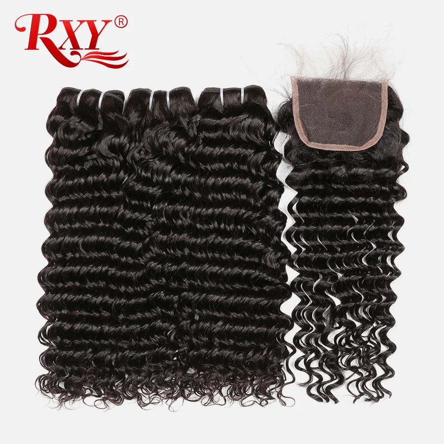 Бразильские волнистые пучки с закрытием вьющиеся человеческие волосы для