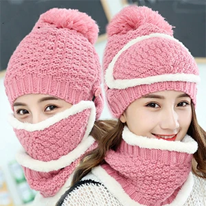 Pink Set Модная вязаная шерстяная шапка, маска и шарф, комплект женской зимней толстой теплой шапки, комплекты элегантных шапок, женская зимняя шапка - Цвет: Pink Set