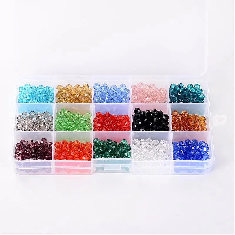 

Pandahall 1Box 15 Color Round Glass Beads, Faceted, Mixed Color, 6mm, Hole: 1mm; about 50pcs/color/compartment, about 750pcs/box