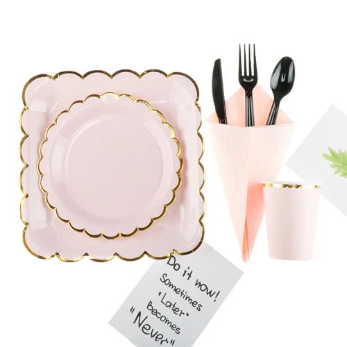 Pink Set Золотые блокирующие одноразовые бумажные тарелки и стаканы на День святого Валентина, День рождения, свадьбу, вечеринку, столовые приборы, десертные тарелки для детского душа, вечерние, Декор - Цвет: Pink Set