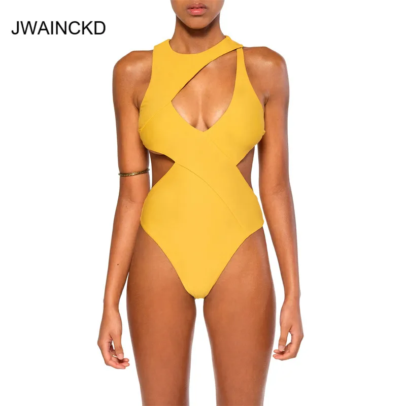 

JWAINCKD 2019 One Piece Swimsuit Female Swimwear Hollow Out Bikini Women Solid Beachwear High Cut Biquini Yellow Bathing Suit