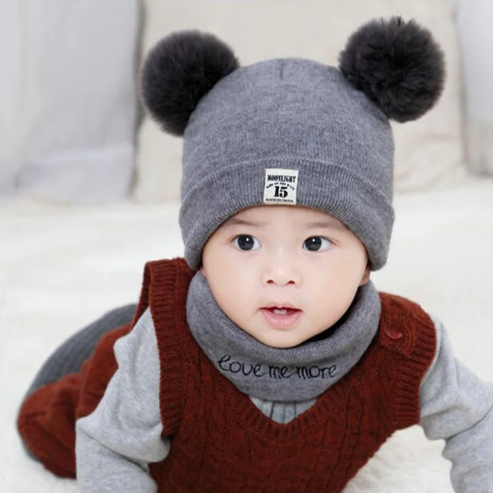 

Newborn Baby Boys Girls Hats Scarf Sets Toddler Kids Winter Warm Double Fur Pom Bobble Knit Beanie Hats Caps 2PCS Cute Baby Wear