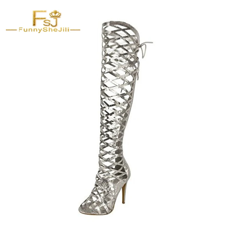 

Knee-high Boots Woman Shoes Golden Open Toe Hollow-out Strappy Stiletto Gladiator Heels Sandals Silver Black lace-up FSJ Sexy