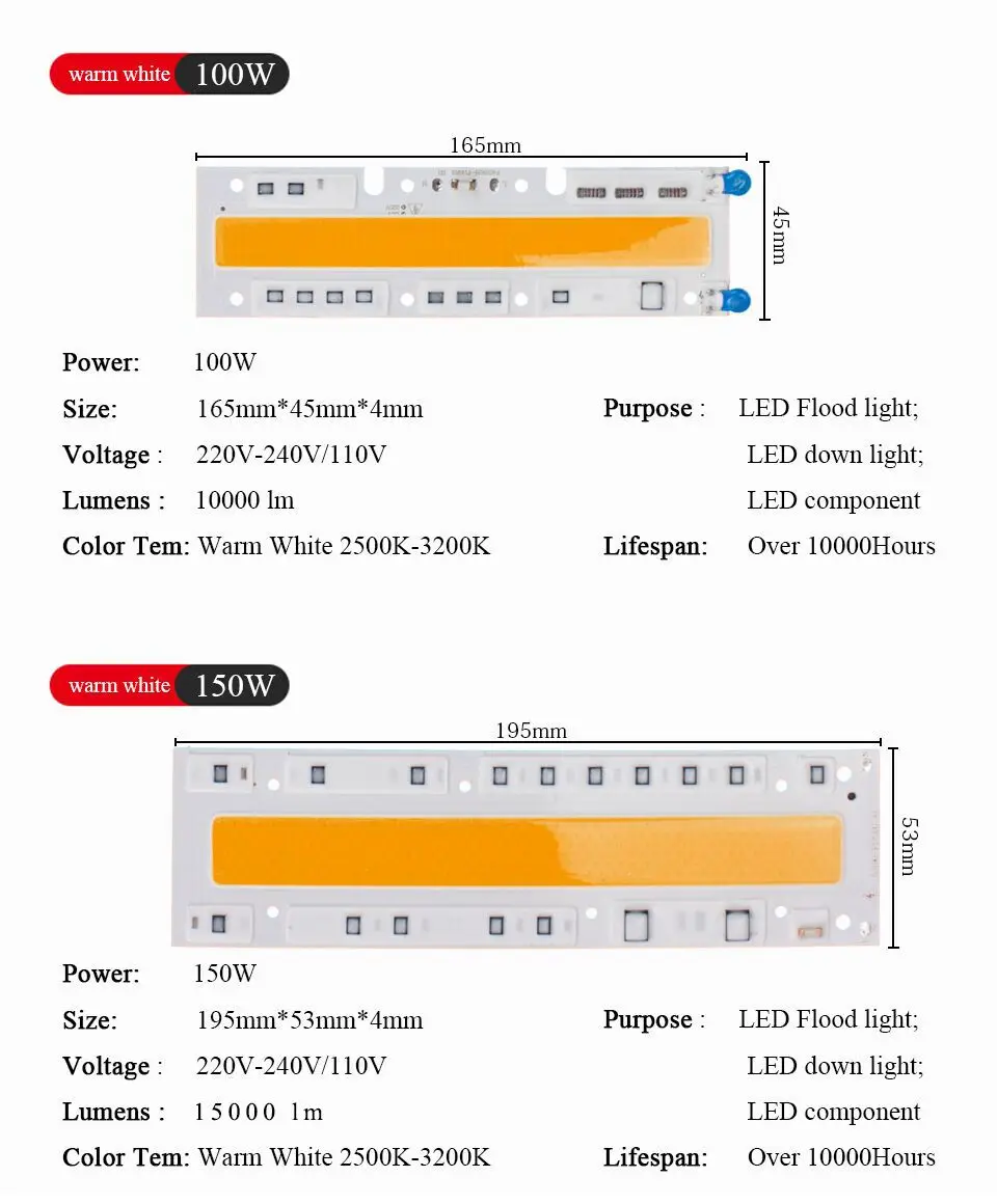 Led Flood Light Chip COB Integrated 50W 30W 100W 150W Led Bulb Lights Smart IC Driver Fit For DIY LED Floodlight Spotlight