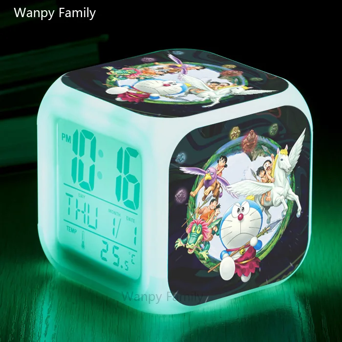 [Wanpy family] кашемировая Толстовка Doraemon, Будильник для детей, подарок на день рождения, прикроватные настольные часы, меняющие цвет, будильник - Цвет: Зеленый