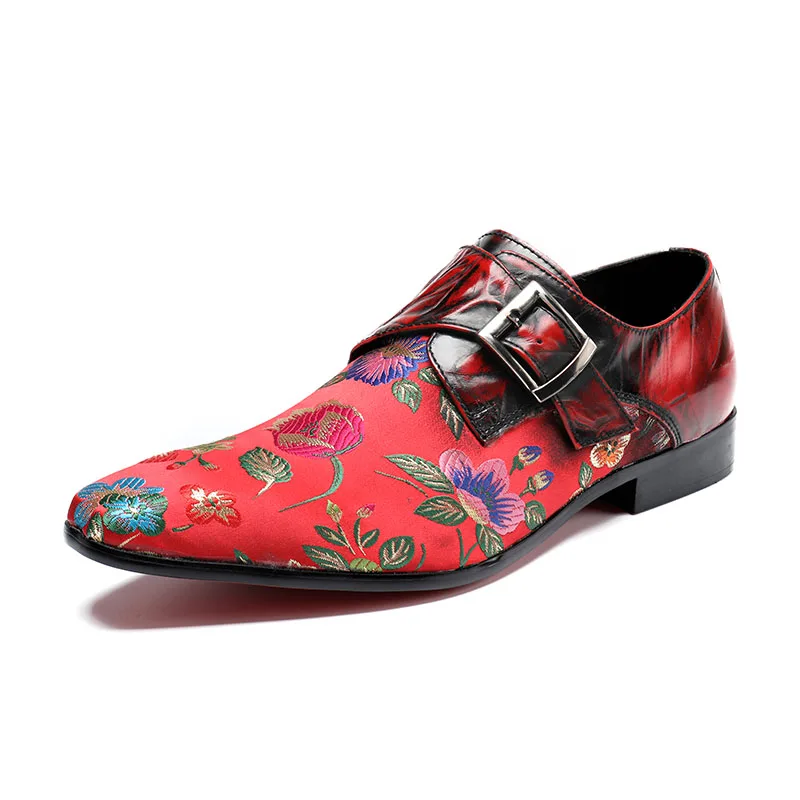 2018 Flower Print Red Black Buckle Design Men Leisure Shoes Pointed Toe Slip On Spring Autumn Casual Party Wedding Zapatos | Обувь