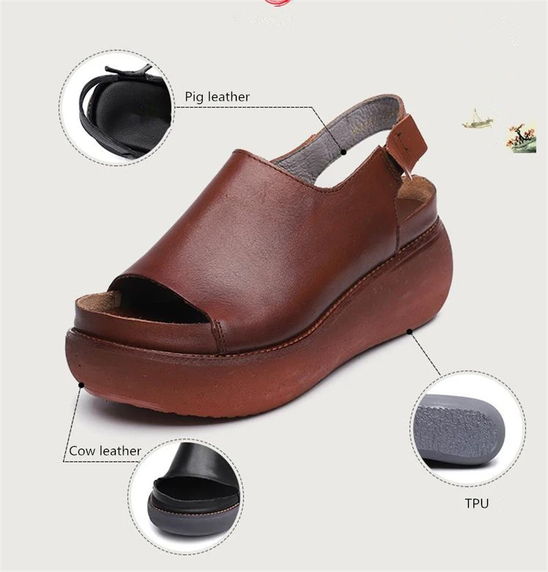 Sandals female summer new thick bottom Handmade genuine leather women sandals flat bottom casual shoes platform sandals
