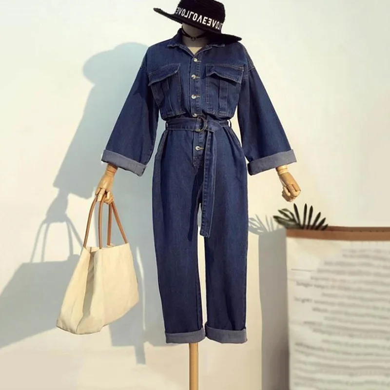 blue Женские джинсовые комбинезоны корейские Комбинезоны с длинными рукавами винтажные повседневные свободные джинсы с поясом Комбинезоны женские брюки карго одежда - Color: blue