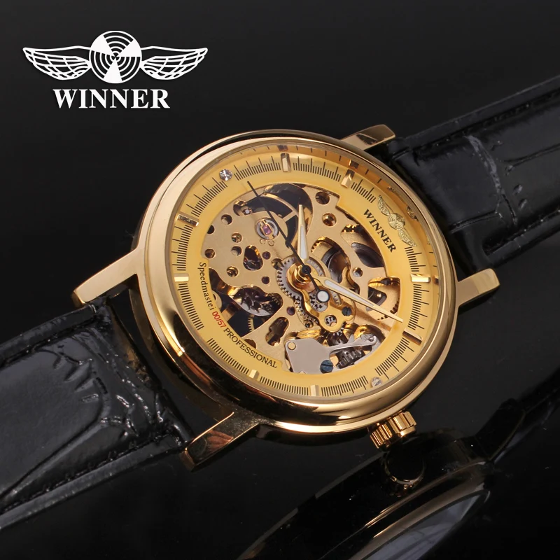 Мужские наручные часы Winner модные золотые с коробкой для часов бесплатная