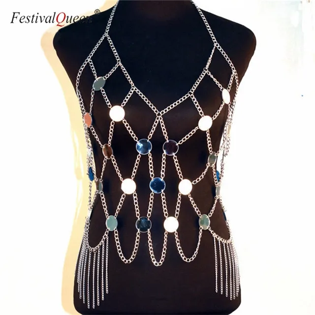 Silver Tank Top FestivalQueen crazy acrylic sequin сверкающая блестка топики женские металлические цепи Холтер спинки вечерние Клубные кроп Топы золото серебро - Цвет: Silver Tank Top