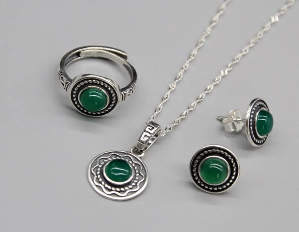 green agate set S925 стерлингового серебра Цепочки и ожерелья серьги Открытое кольцо комплект из 3 предметов монгольский Национальный Стиль Серебро Личность Классическая мода - Цвет камня: green agate set