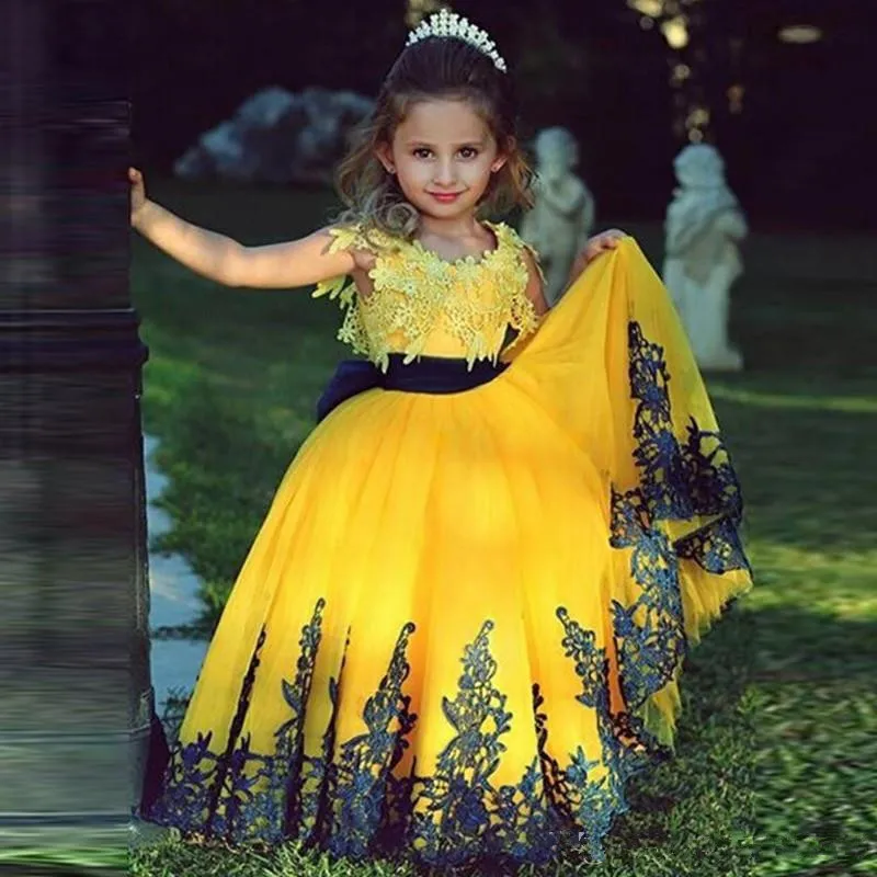 same as the photo Г., желтые платья с цветочным узором для девочек на свадьбу, бальное платье из тюля с коротким рукавом и аппликацией, длинные платья для первого причастия для маленьких девочек - Цвет: same as the photo
