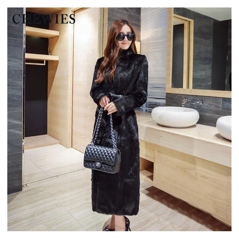 Женское пальто из натурального кроличьего меха CHEWIES длинная куртка верхняя