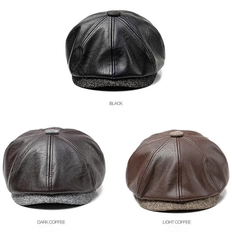 Autumn berets caps winter warm hats for man grandpa PU material