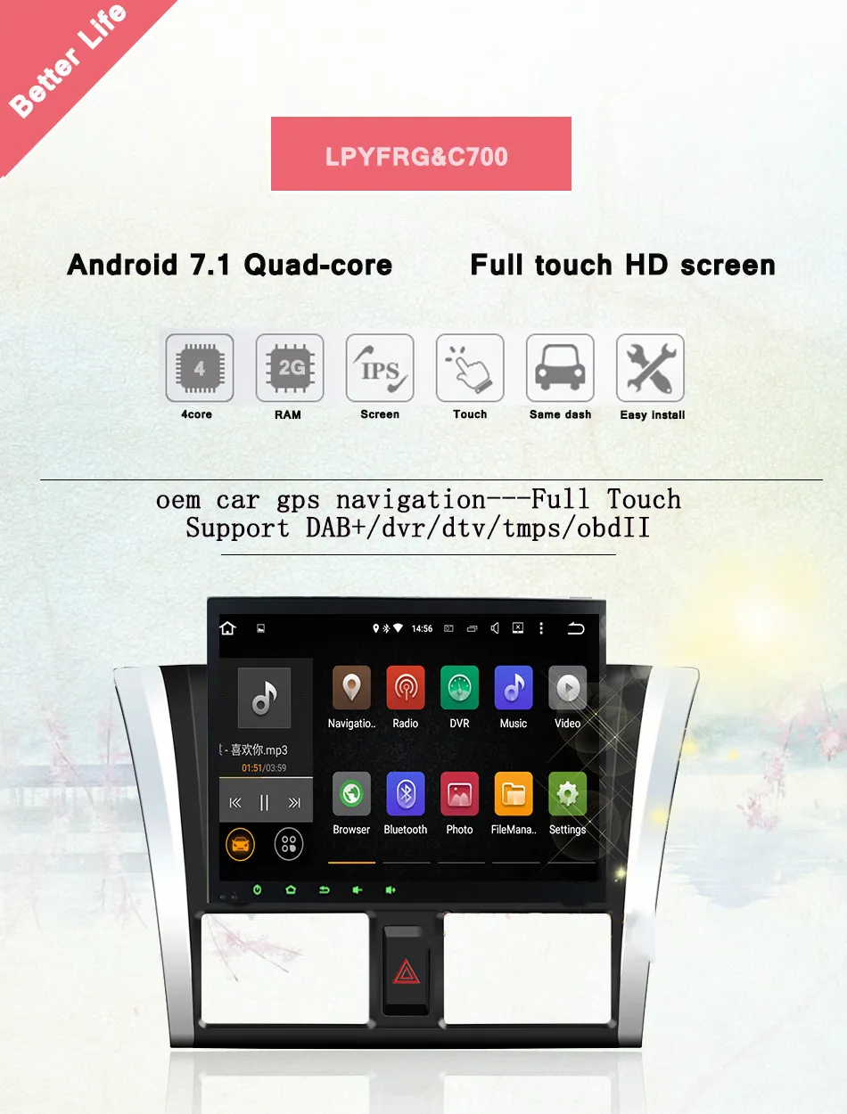 Auto10.1nch 2din Android 7 1 2G Автомобильный dvd плеер для Toyota Yaris sedan vios 2013 2015 автомобильный ПК