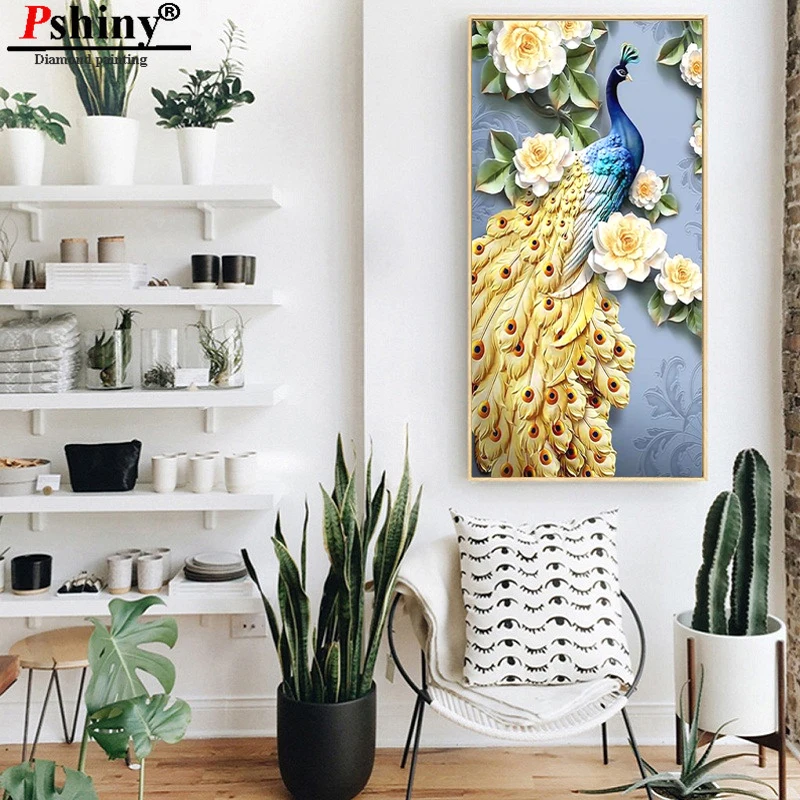 PSHINY DIY 5D Вышивка с бриллиантами желтые картины изображением павлина из