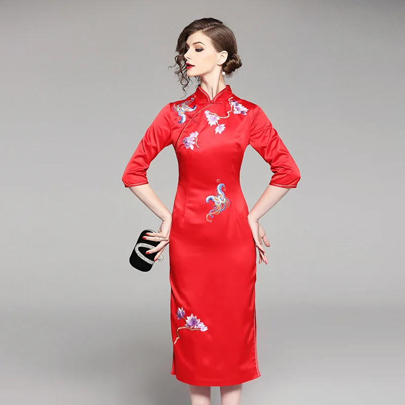 Женское платье Чонсам с винтажной вышивкой весеннее облегающее воротником
