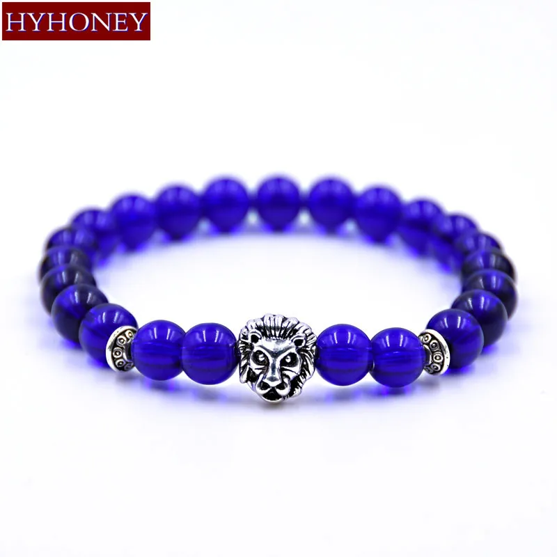 Браслет с кристаллами HYHONEY серебряный цвет Leo голова льва 8 мм каменные бусы