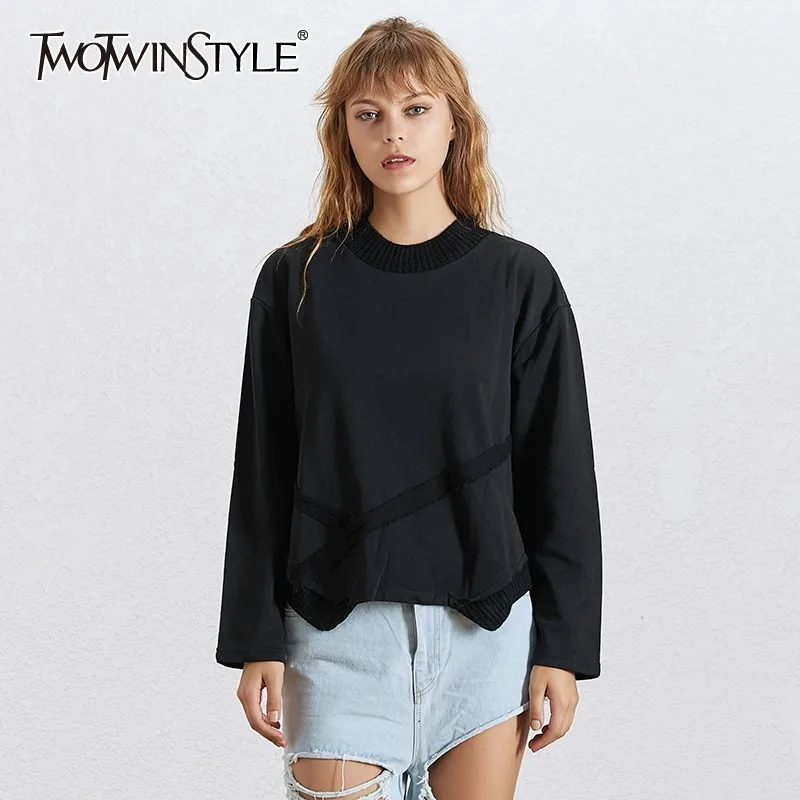 TWOTWINSTYLE уличная Толстовка для женщин с круглым вырезом и длинным рукавом с разрезом сбоку, большие размеры, однотонные пуловеры, Женская мода, новинка