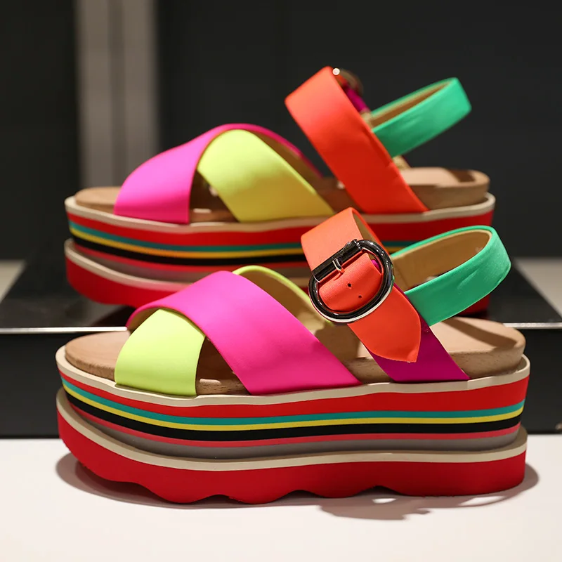 INS/2019 г. модные повседневные разноцветные босоножки на плоской платформе ярко