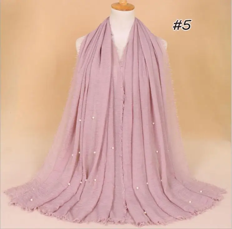 5 rubber pink Мусульманский женский однотонный шарф-хиджаб, Женский хлопковый высококачественный платок с жемчугом, зимние шали 190x100 см - Цвет: 5 rubber pink