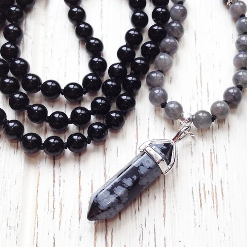 Ожерелье с подвеской-снежинкой из обсидиана для мужчин серый A-агат и черный