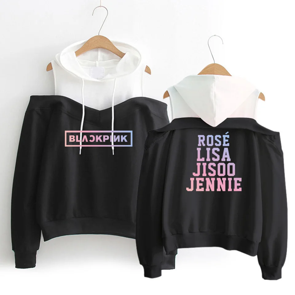 Kpop, толстовки, Kpop, черные, розовые, сексуальные, с открытыми плечами, толстовки, свитшоты, для женщин, командный член, Толстовка для девочек, группа, черная, розовая одежда
