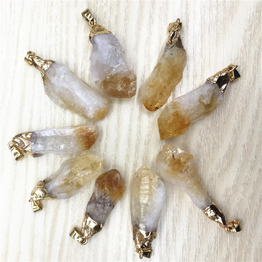 

Hot New Fashion Natural Stone Pendant&Necklace Raw Ore Citrines Yellow Crystal Stone Reiki Pendants 6pcs Wholesale Gold Plating