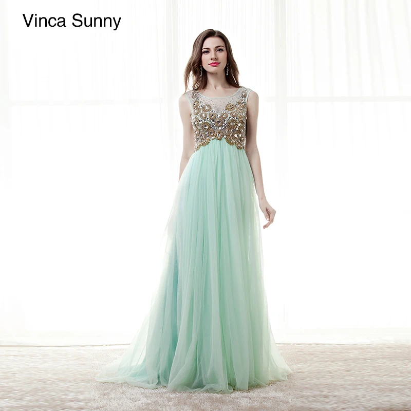 Beauty Scoop Neck Beading Open Back mint green tulle Long Prom Dresses 2018 Sleeveless A Line Floor Length Dress custom | Свадьбы и