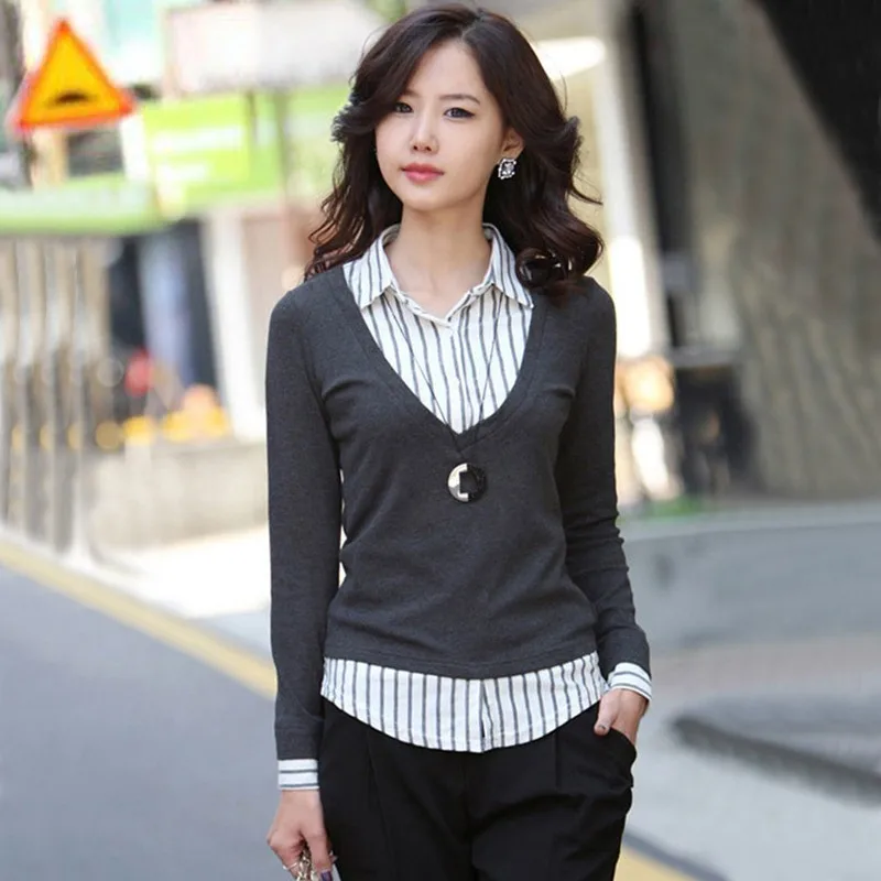 Женская трикотажная рубашка в полоску черная/серая на весну/Осень/зиму|shirt
