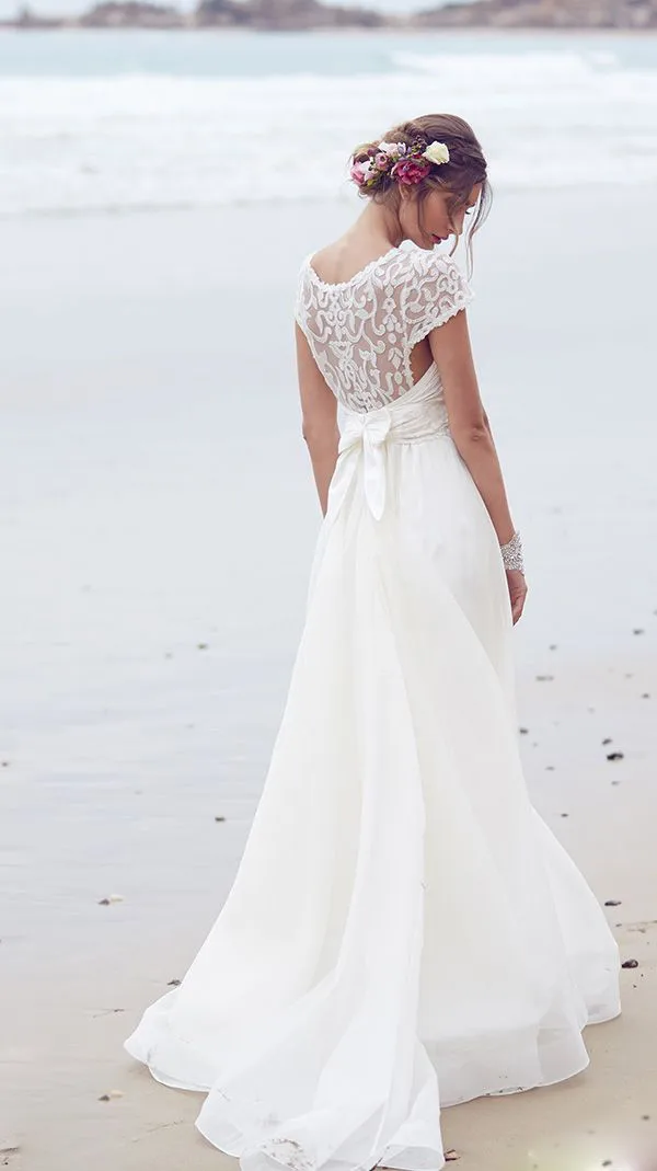 См. Хотя Scoop Декольте Короткими Рукавами Кружева Пляж Долго Шифона свадебные