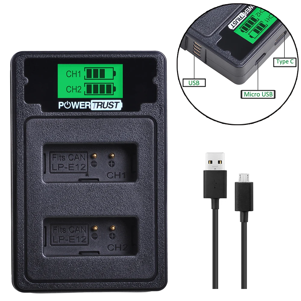Двойное зарядное устройство USB LP E12 LPE12 с ЖК дисплеем и кабелем портом Type C для Canon M