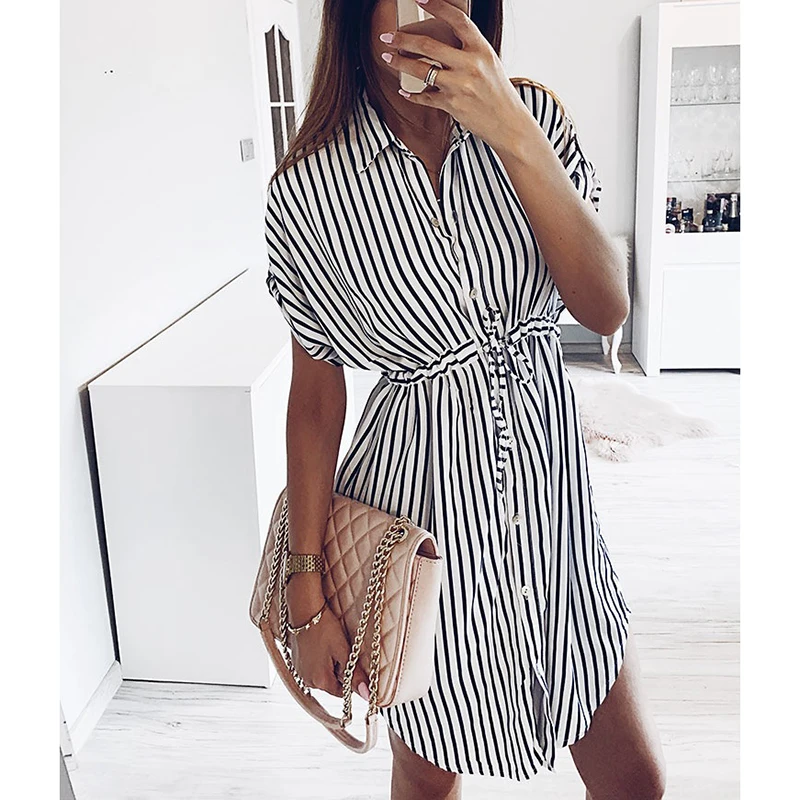 Полосатое платье женское Бандажное рубашка летнее Мини Повседневное для