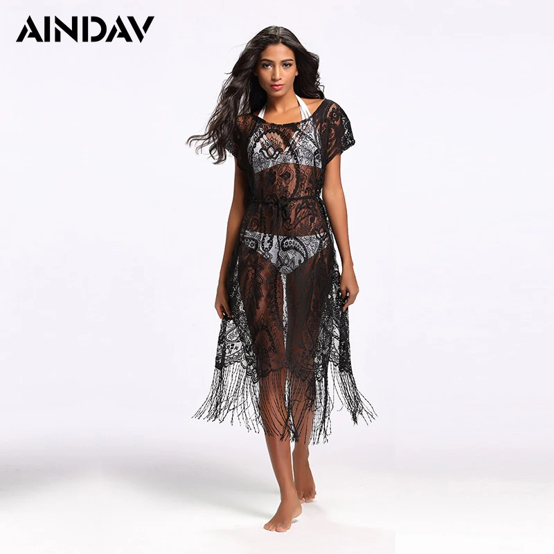 

2017 New Fringe Crochet Bikini Cover ups Hollow Out Beach Dress Pullover Bathing Suit Sexy Summer Swim Wear Women Pareo