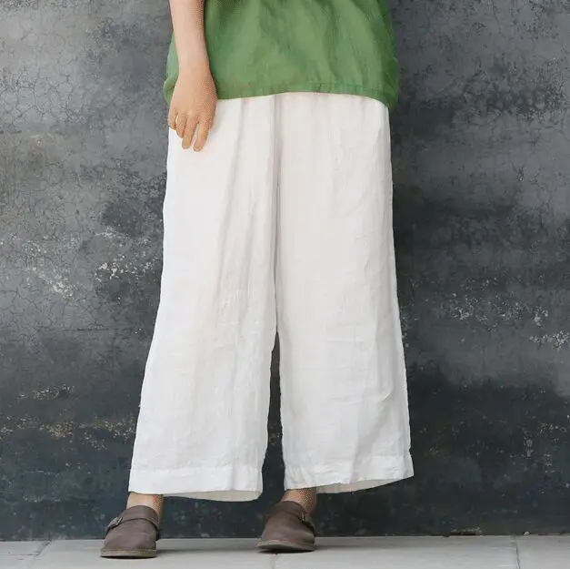 Free shipping summer new women's elastic waist loose solid color ramie breathable wide leg pants S143 | Женская одежда