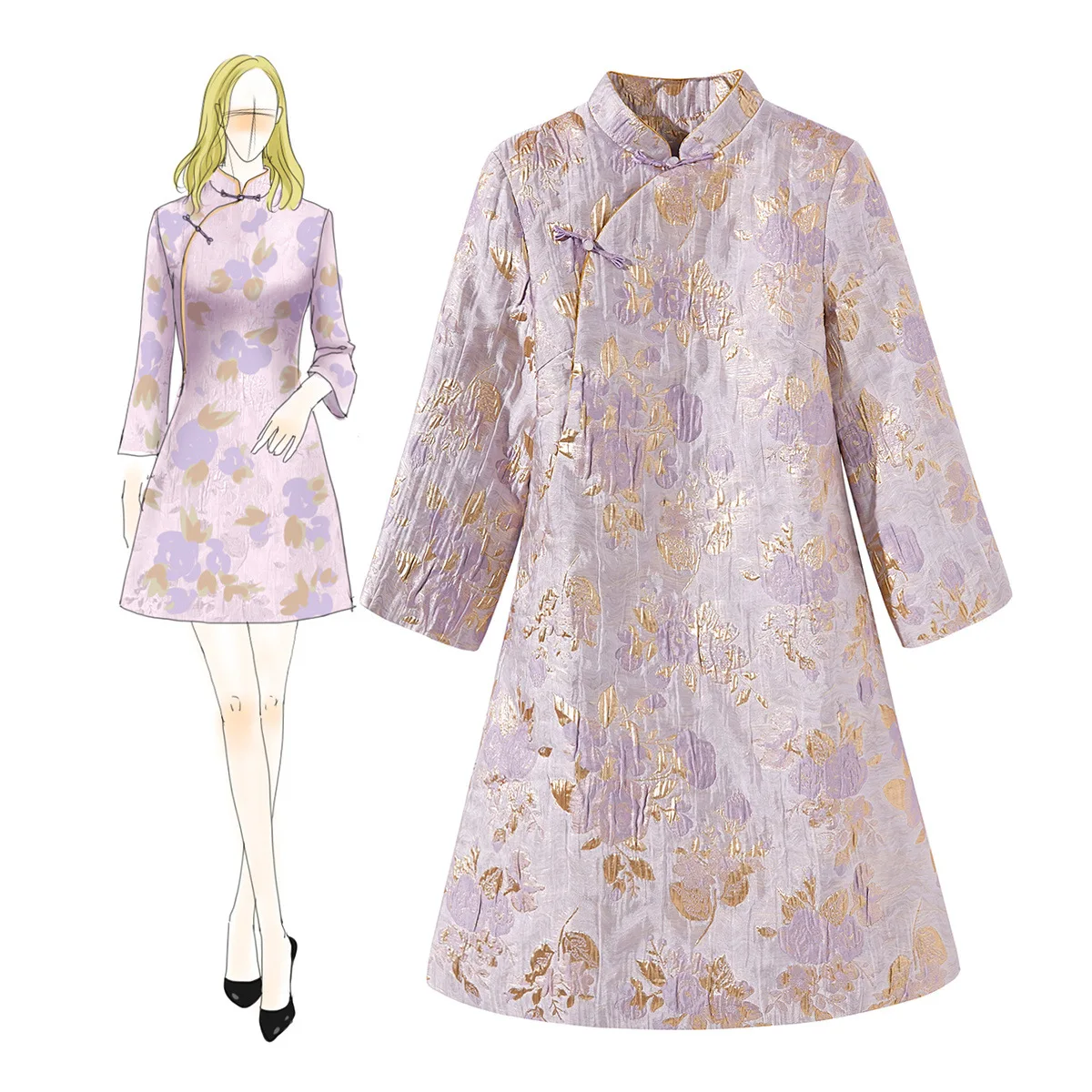 Winter Women Jacquard Flower Cheongsam Elegant Cotton Mini Evening Dress Vintage Improved Long Sleeve Qipao Vestidos S M L XL