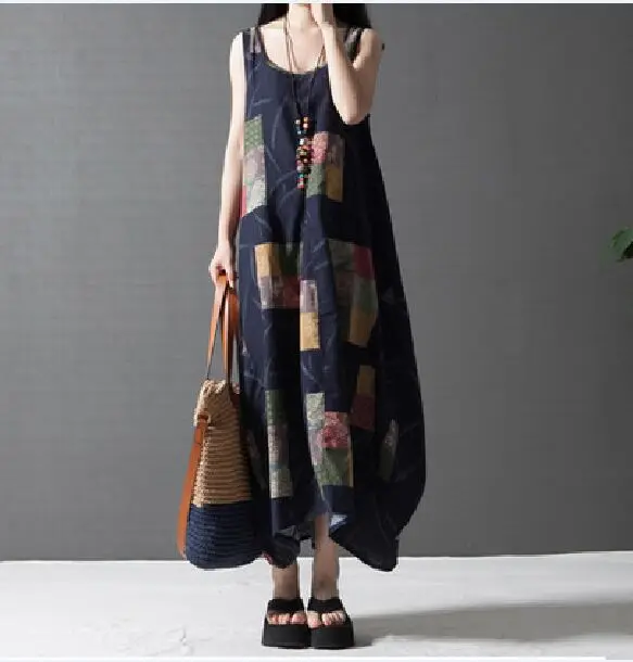summer style cotton linen vintage print plus size desigual women casual long loose dress vestidos femininos party 2015 dresses