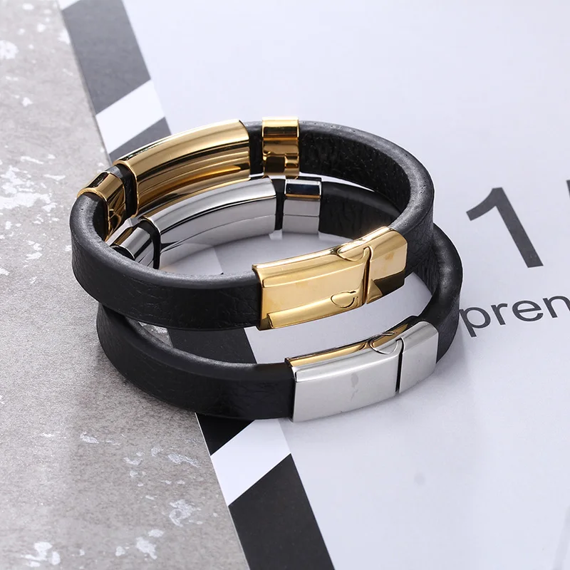 TrustyLan Genuine Black Leather Simple Wrap Men Bracelet Gold Color Steel Wristband Classic Mens Bracelets& Bangles Jewelry