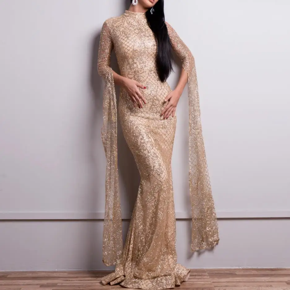 Женское блестящее платье-водолазка с длинным рукавом Длинное Элегантное