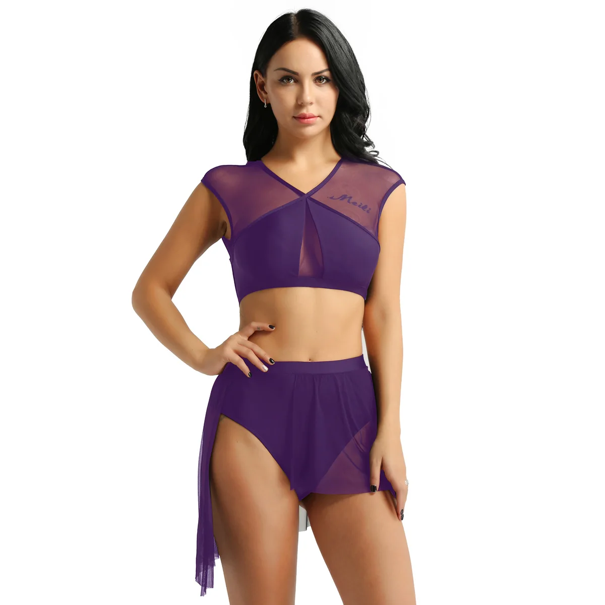 Purple ChicTry, Женская Асимметричная балетная пачка, танцевальная одежда, Женский сетчатый топ с трико с юбкой, сценические костюмы для лирических танцев, комплект - Цвет: Purple